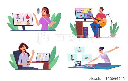 Online interactions. People talking online male and female persons talking each others on online meeting party web socialize exact vector concept illustrations Online interactions. People talking online male and female persons talking each others on online meeting party web socialize exact vector concept illustrations 130096943