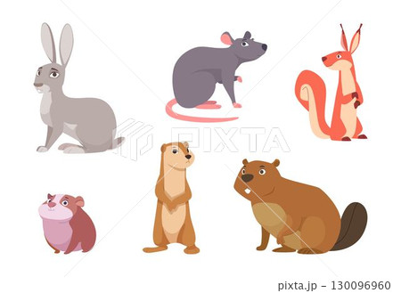 Rodents. Mouse rat hamster cartoon rodents animal in action poses exact vector collection set 130096960