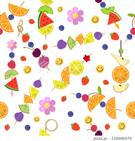 Canape pattern. thin sticks for different tasty snacks products fruits. vector seamless background Canape pattern. thin sticks for different tasty snacks products fruits. vector seamless background 130096979
