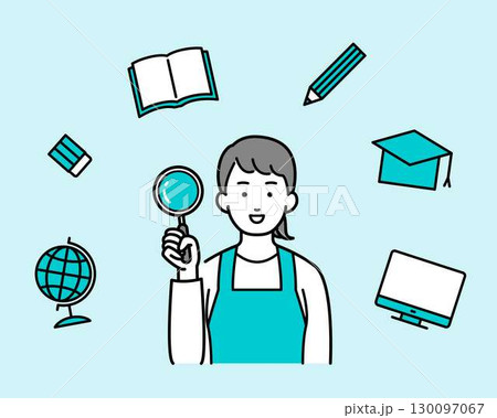 虫眼鏡を持ったエプロンの女性イラスト 130097067