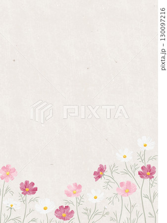 水彩風の3色のコスモスのフレーム（縦長） リサイクルペーパー風背景付き 130097216