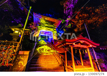 日本の藤沢都市景観　ライトアップされた江島神社・日本三大弁財天などを望む 130097274