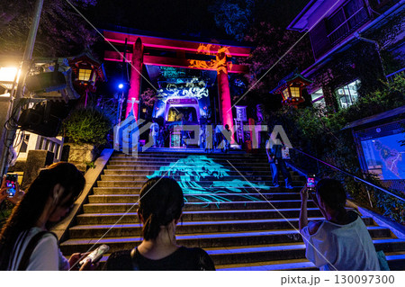 日本の藤沢都市景観　ライトアップされた江島神社・日本三大弁財天などを望む 130097300