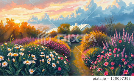 Romantic fantasy landscape with blooming garden. Romantic fantasy landscape with blooming garden. 130097392