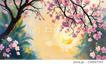 Romantic fantasy landscape with blooming garden. Romantic fantasy landscape with blooming garden. 130097393