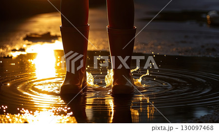 Human legs in yellow rain boots outdoors in puddle. 130097468