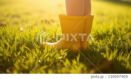 Rainy weather boots on wet green field. 130097469