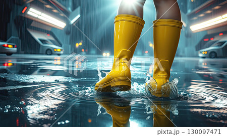 Human legs in yellow rain boots outdoors in puddle. 130097471