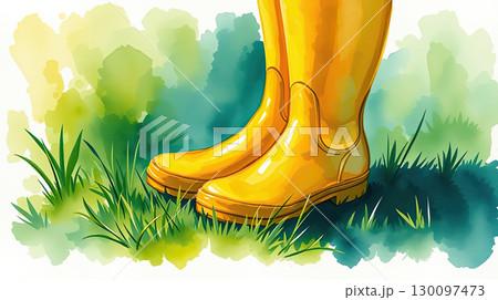 Rainy weather boots on wet green field. 130097473