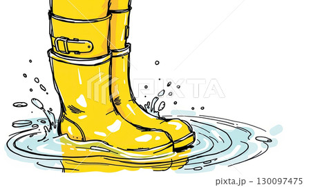 Human legs in yellow rain boots outdoors in puddle. 130097475
