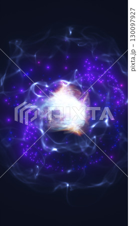 Abstract cosmic explosion with glowing white energy core and surrounding purple sparks in deep space Abstract cosmic explosion with glowing white energy core and surrounding purple sparks in deep space 130097927
