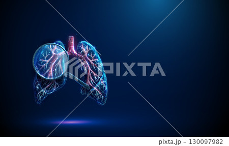 3d blue lungs with bronchial tree structure under magnifying glass. Pulmonary system, respiratory disease detection, diagnostic testing concept. 130097982