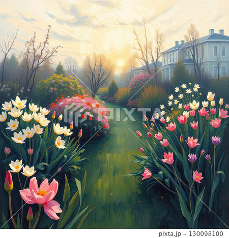 Painting of romantic fantasy flower scenery. 130098100
