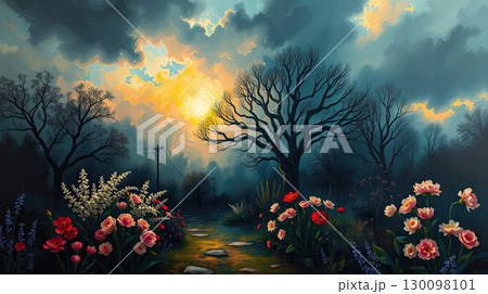 Painting of romantic fantasy flower scenery. 130098101