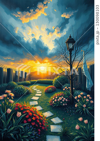 Dreamy illustration of enchanted floral garden. 130098103