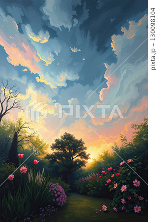 Dreamy illustration of enchanted floral garden. 130098104