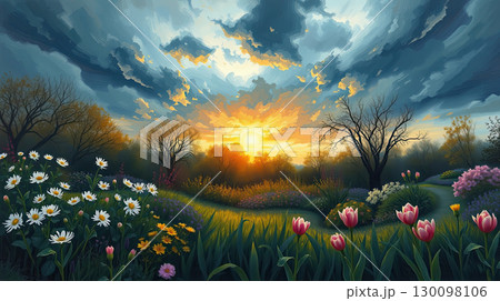 Dreamy illustration of enchanted floral garden. 130098106