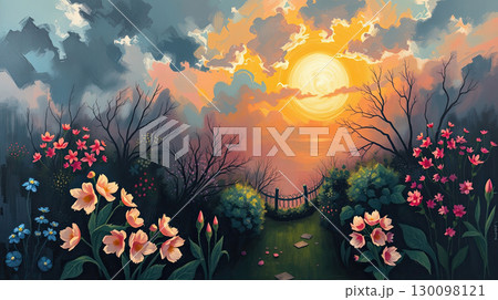 Enchanted painting of floral paradise garden. Enchanted painting of floral paradise garden. 130098121