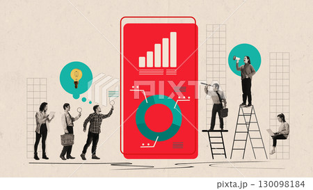 Business people with charts, graphs, and symbols around giant smartphone on colorful collage background Business people with charts, graphs, and symbols around giant smartphone on colorful collage background 130098184