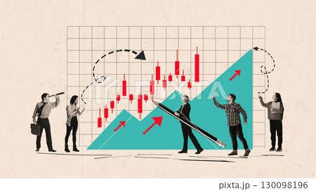 Group of business people analyzing chart with arrows and data on abstract collage Group of business people analyzing chart with arrows and data on abstract collage 130098196