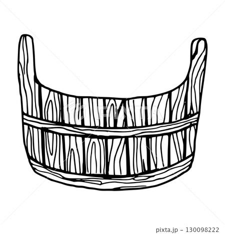 Wooden bucket for storing flowers, fruits. Vector illustration of a box. Simple black drawing hand drawn in doodle style. Outline drawing of a garden item for packaging design, postcard. Thanksgiving 130098222