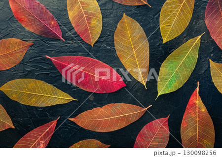 Autumn leaves background. Skeleton leaves on a black texture. Vibrant banner 130098256
