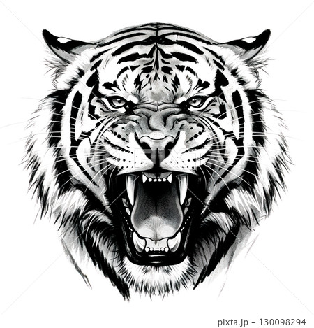 An enraged tiger with mouth agape. A fierce and detailed sketch. wild animals. 130098294