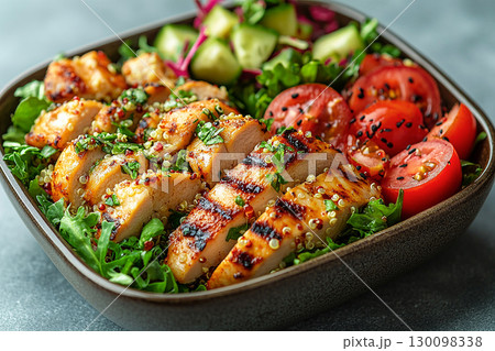 Packed office lunch box with quinoa salad, grilled chicken, mixed greens and fruit. 130098338
