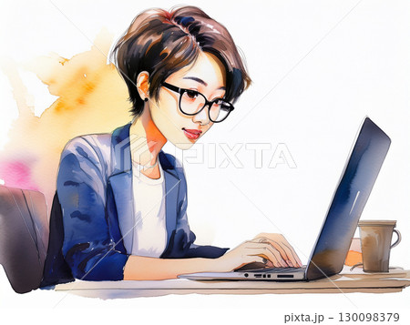 ノートパソコンで作業をする女性の水彩画 130098379