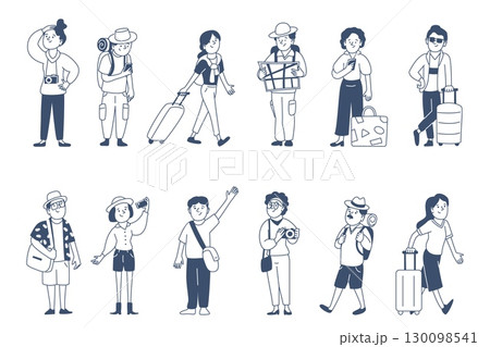 Doodle characters with suitcase. Teens men women holding luggage, suitcases, backpacks, bags. Travelers, people in travel vacation, recent vector set 130098541