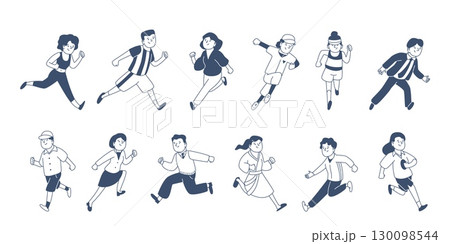 Doodle running characters. People fast run, men women in casual and sport clothes. Man in hurry to success, late for work, transport, recent vector set 130098544
