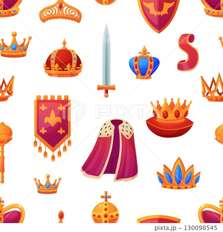 Royal elements seamless pattern. Imperial mantle, crowns, sword, golden scepter and orb. Monarchy symbols, queen king attributes, vector background 130098545