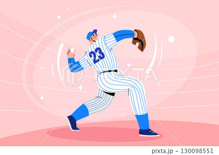 Hand Drawn Flat Baseball Player Throwing the ball Composition 130098551