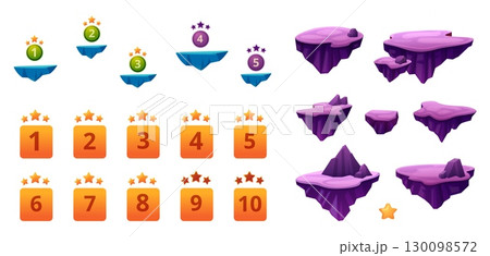 Levels elements. Game ui ux design. Floating islands with stars, buttons for bar. Decorative cartoon mountains, space design, vector set Levels elements. Game ui ux design. Floating islands with stars, buttons for bar. Decorative cartoon mountains, space design, vector set 130098572