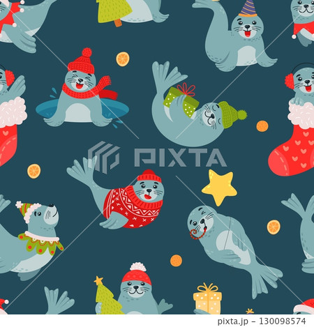 Funny seals with christmas elements. New year cartoon seal with gift, wear hat and scarf. Children print for fabric or wallpaper, decorative vector background 130098574