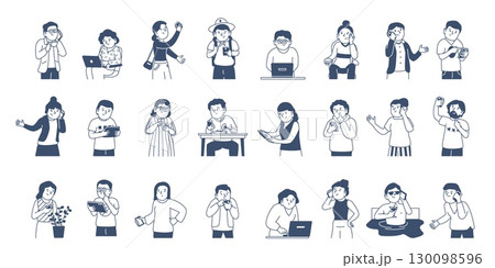 Doodle people with gadgets. Different modern characters using tablets, smartphones and laptop. Students, office workers, housewife, businessman, recent vector set 130098596