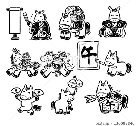 お正月を楽しむ干支の午（馬）のゆるキャラ 単色線画セットのイラスト