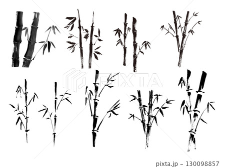 竹の和風手書き筆イラストセット　墨絵モノクロ 130098857