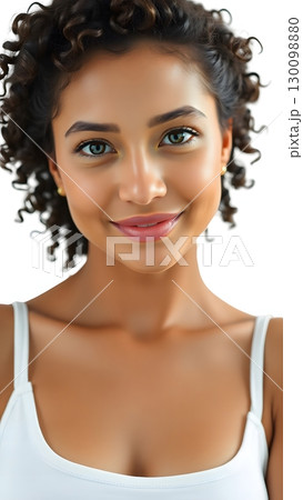 白いキャミソールを着た巻き髪の笑顔の美しい褐色肌の女性 130098880