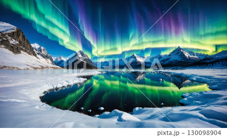 神秘的な光が彩る冬の夜空：オーロラが輝く雪山の湖 130098904