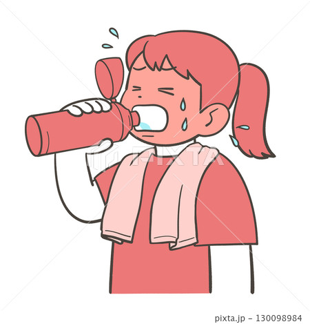 水筒から勢いよく水を飲む女の子 130098984