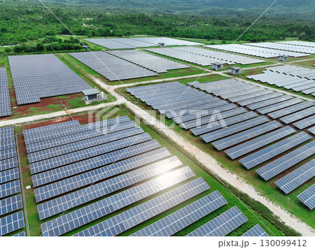 Aerial view of solar farm. Sustainable renewable energy and modern photovoltaic technology for eco-friendly electricity production. Solar power station. Green energy solutions. Solar panel technology. 130099412
