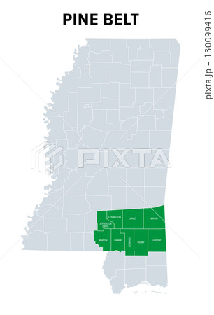 Pine Belt, also known as Piney Woods, a region in Southeast Mississippi, political map. The region get its name from longleaf pine trees, abundant in nine counties, in the map highlighted in green. Pine Belt, also known as Piney Woods, a region in Southeast Mississippi, political map. The region get its name from longleaf pine trees, abundant in nine counties, in the map highlighted in green. 130099416