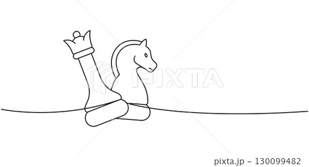 linear minimalist drawing of a chess queen and knight paired on a single line, abstract black outline art 130099482
