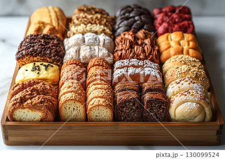 Variety of bakes and cookies in on a wooden trading tray on a white background. 130099524