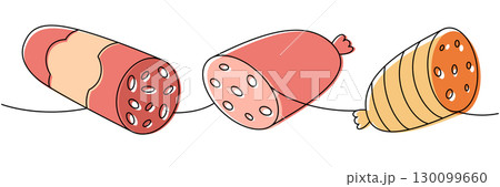 Delicious salami, beef sausage one line colored continuous drawing. Butchery menu. Vector illustration Delicious salami, beef sausage one line colored continuous drawing. Butchery menu. Vector illustration 130099660