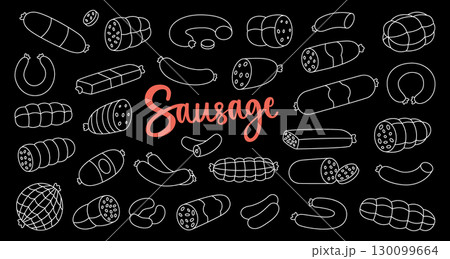 Sausages outline set. Sausages products. Butchery menu design template for food market, ecommerce, organic products promotion. Vector illustration. 130099664