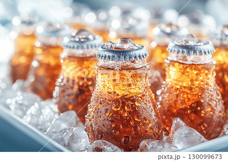 Summer day and drinks. Retro cooler filled with glass soda bottles and ice. Retro style. Close-up. 130099673