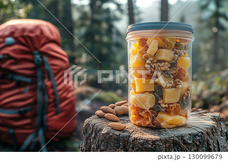 Outdoor lifestyle. Food on the go. Freeze-dried fruit and nuts in a transparent zip bag on a tree stump next to red backpack. 130099679