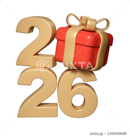 Golden 2026 numeral glimmering beside wrapped red gift box, adorned with shiny ribbon background on transparent golden 130099696